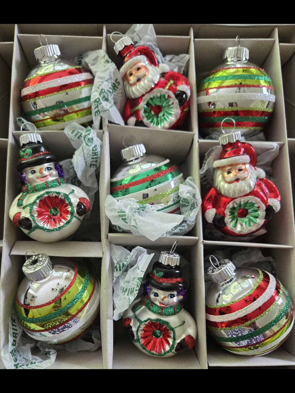 Christopher Radko 9 Glass Ornaments In Box Set. Striped Balls, Santa, Snowmen